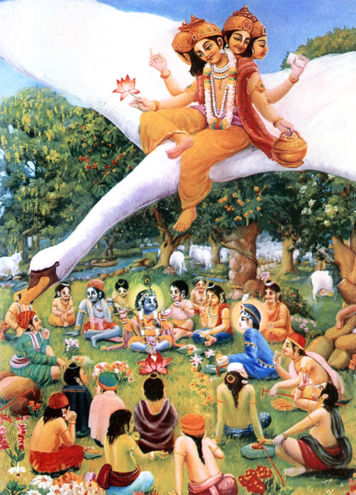 Brahma watches Krsna eat lunch with His friends