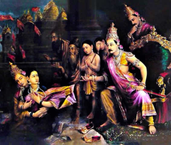 Bhumi Devi returns Sita to the earth while Rama looks and children look stunned.