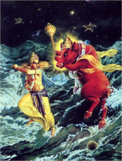 Varahadeva fights with Hiranyaksa