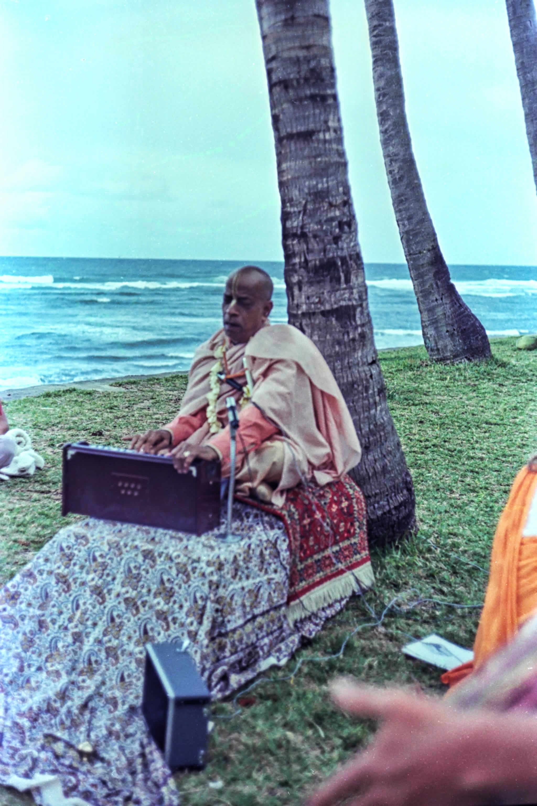 playing harmonium on the beach in hawaii