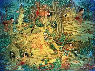 Hanuman playing jokes on teh rishis in the forrest.