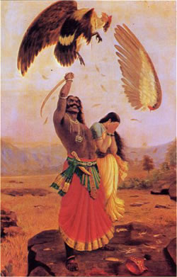 Jatayu attacks Ravana and is mortally wounded.