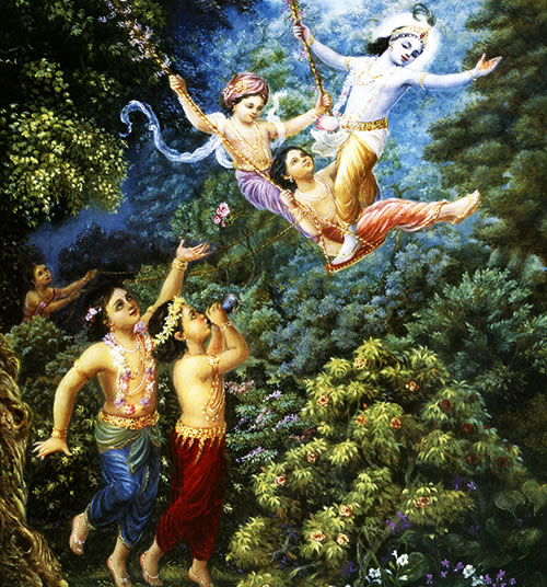 Krsna plays on a swing with his friends