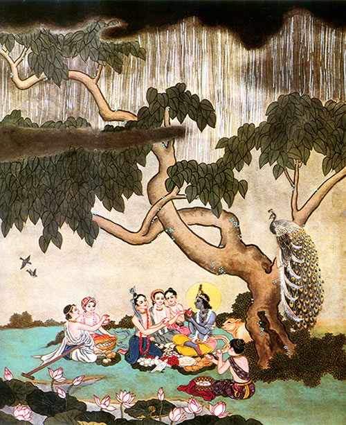 Krsna enjoys lunch with His friends under a tree