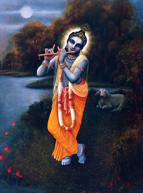 Krsna standing by the Yamuna in the Moonlight