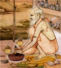 A Vaidya-Ayurvedic physician prepares medicine in his ashrama.